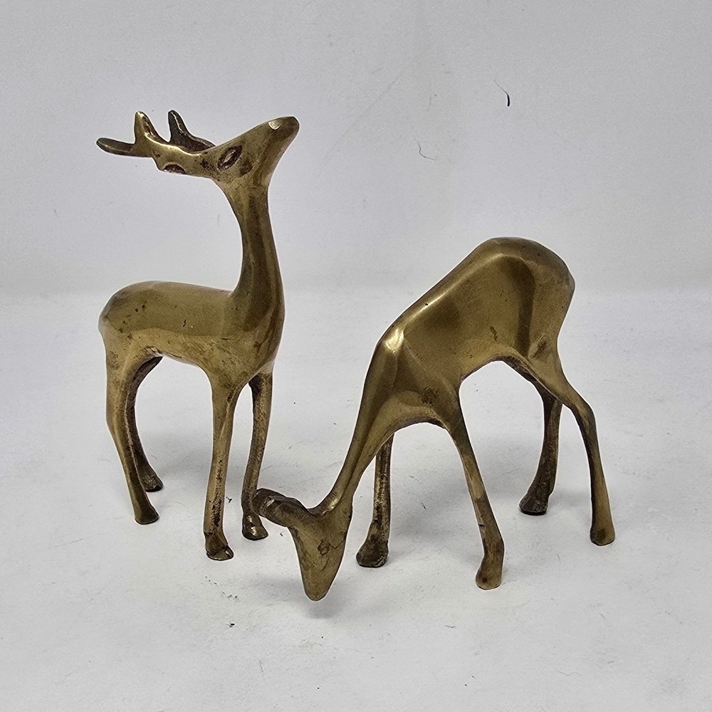 Vtg set of 2 MCM solid brass buck deer reindeer figurine animal decor statues